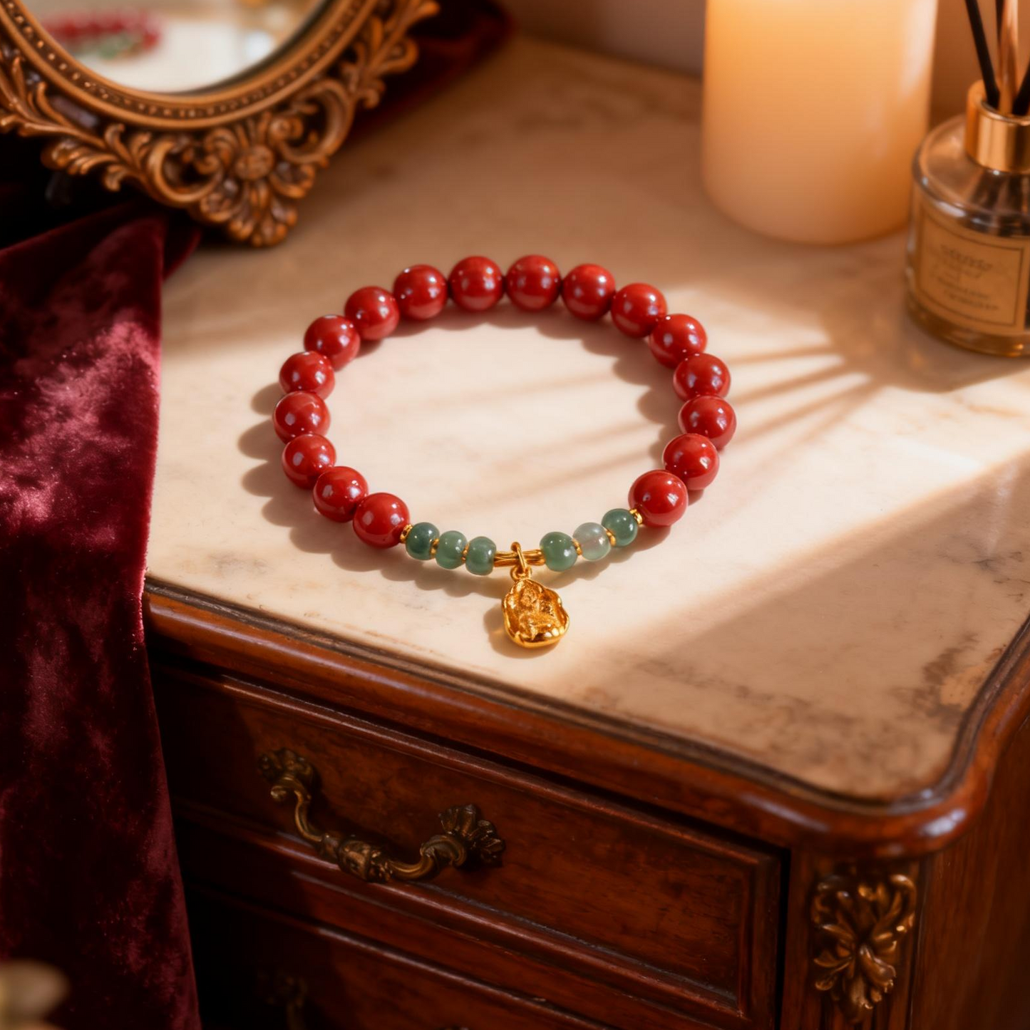 Red and green beaded bracelet with gold charm on marble top of antique wooden dresser