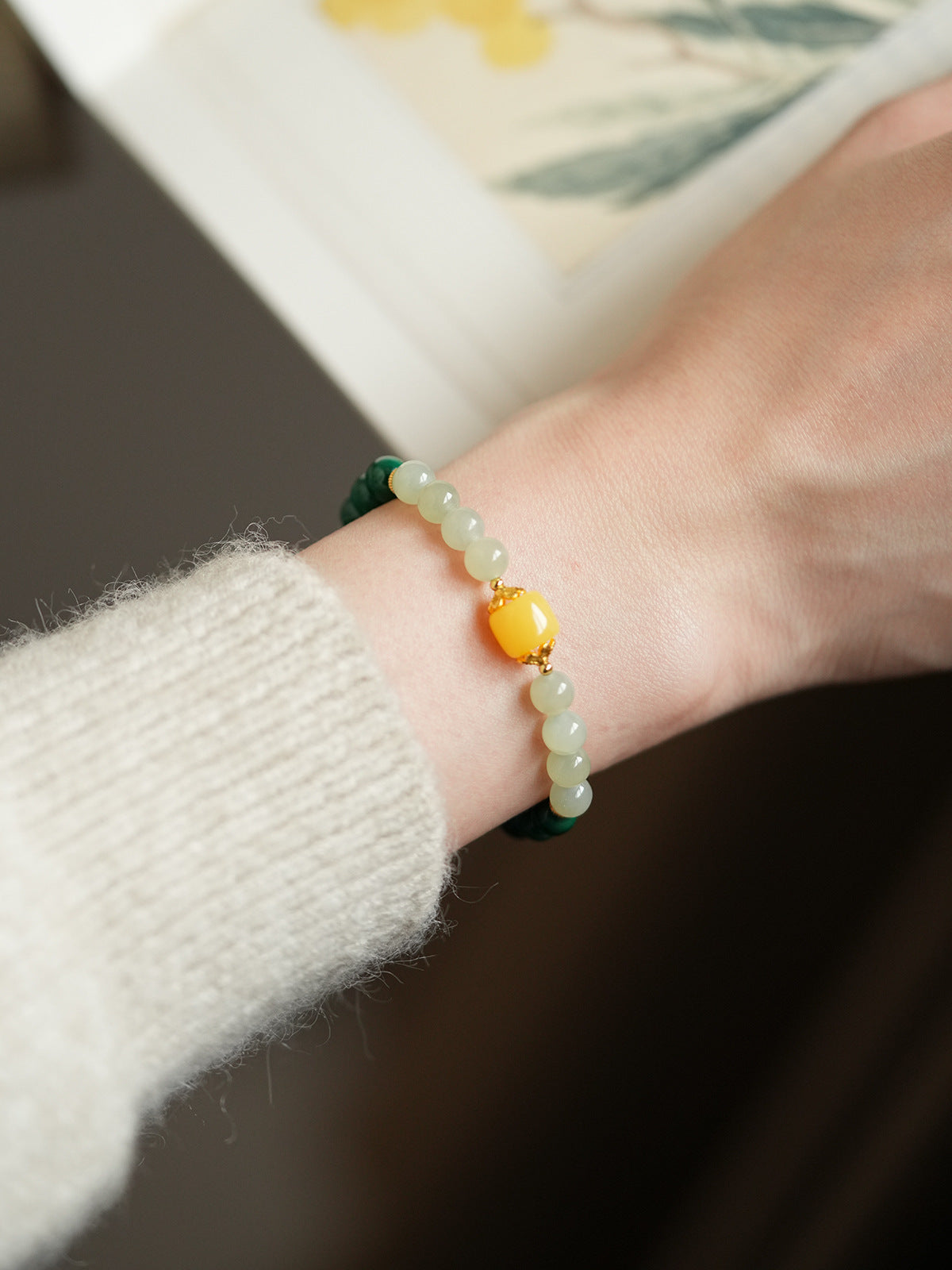 Mindara SERENITY Loop Aquamarine & Jade Bracelet Set for Calm B-Hetian Jade Malachite Amber Bracelet