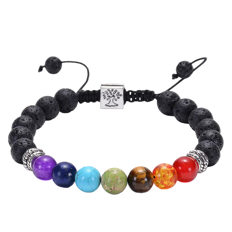 Adjustable black lava stone bracelet with colorful chakra beads and silver tree charm
