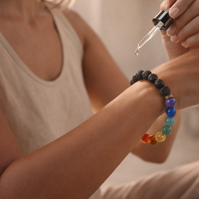 Woman wearing Chakra bracelet for Yoga meditation essence dropped on the bead 