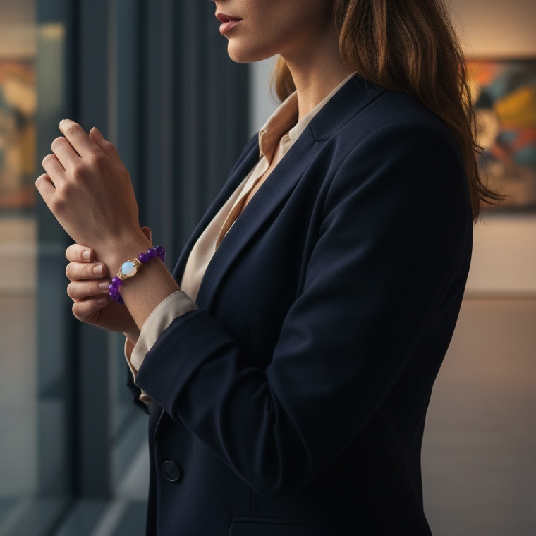 profile of a woman in dark blue suit wearing an Amethyst bracelet lifting the wrist before her chest standing at a window