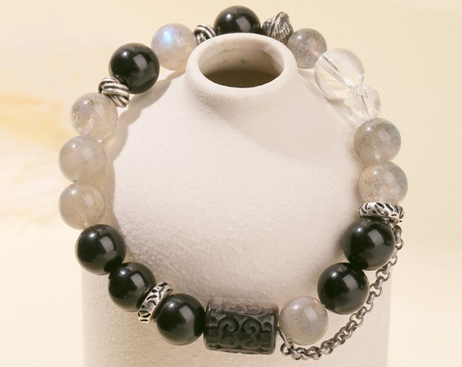 CALM Anchor Grey Moonstone & Obsidian Bracelet for Emotional Clarity