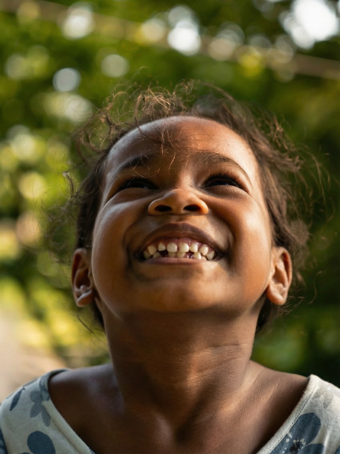 a black boy is looking up with a big happy smile, a shady green spot behind him