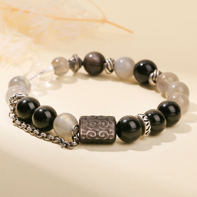 CALM Anchor Grey Moonstone & Obsidian Bracelet for Emotional Clarity