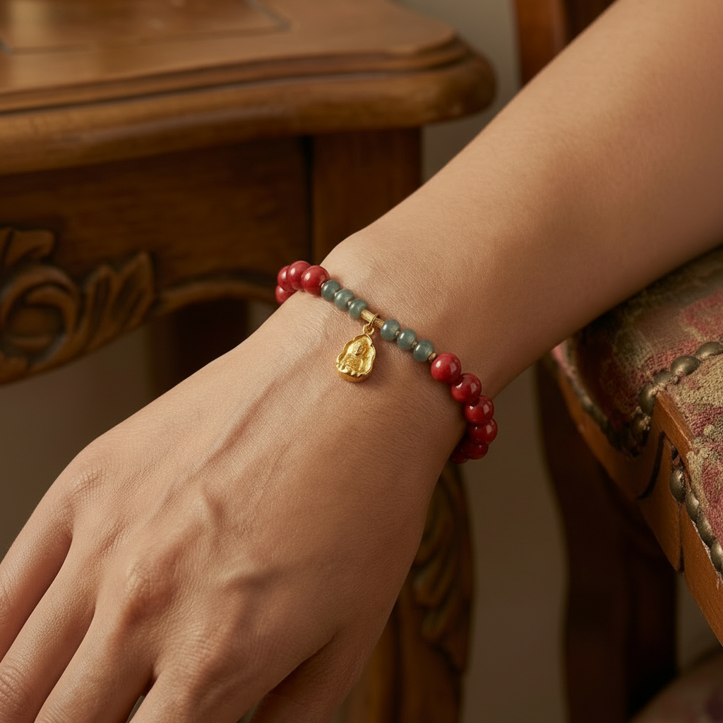 close-up of a hand with a red agate and Guatemalan jade beaded bracelet and a gold buddha pendant